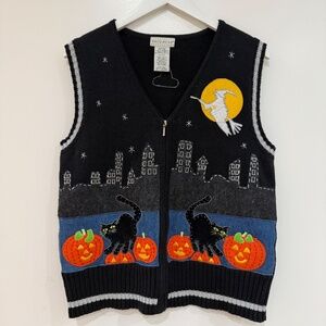 Vtg White Stag Halloween Sweater Black Cotton Sweater Vest Witch Pumpkin Cat Med